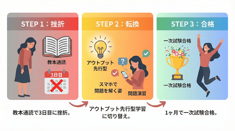 挫折から転換、そして合格へ：Aさんの1ヶ月合格ストーリーフロー