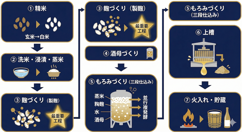 日本酒の製造工程フローチャート：精米→洗米・浸漬・蒸米→麹づくり→酒母づくり→もろみづくり→上槽→火入れ・貯蔵の7ステップ
