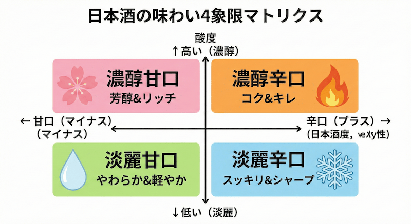 日本酒度と酸度の味わいマトリクス図：甘口・辛口×濃醇・淡麗の4象限で味わいの傾向を分類
