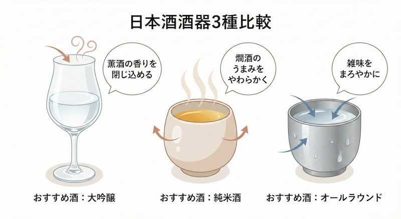 酒器3種類の比較イラスト：ワイングラス・お猪口（陶器）・錫の酒器それぞれの特徴と向いている日本酒のタイプ