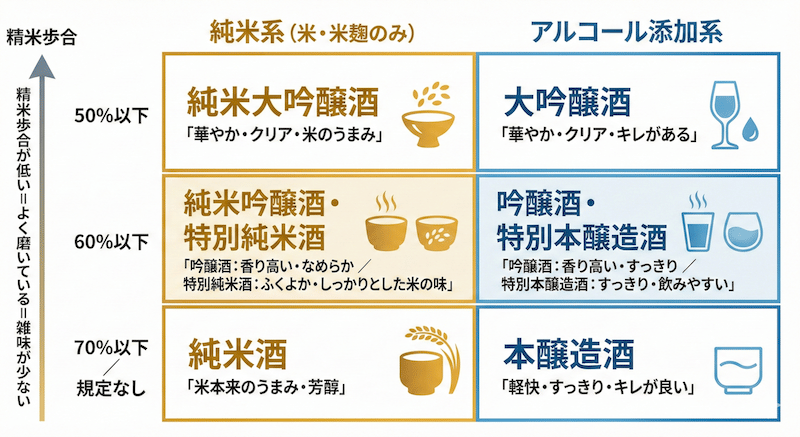 特定名称酒8種類の分類マトリクス図：精米歩合と醸造アルコールの有無の2軸で純米大吟醸酒・純米吟醸酒・特別純米酒・純米酒・大吟醸酒・吟醸酒・特別本醸造酒・本醸造酒を分類