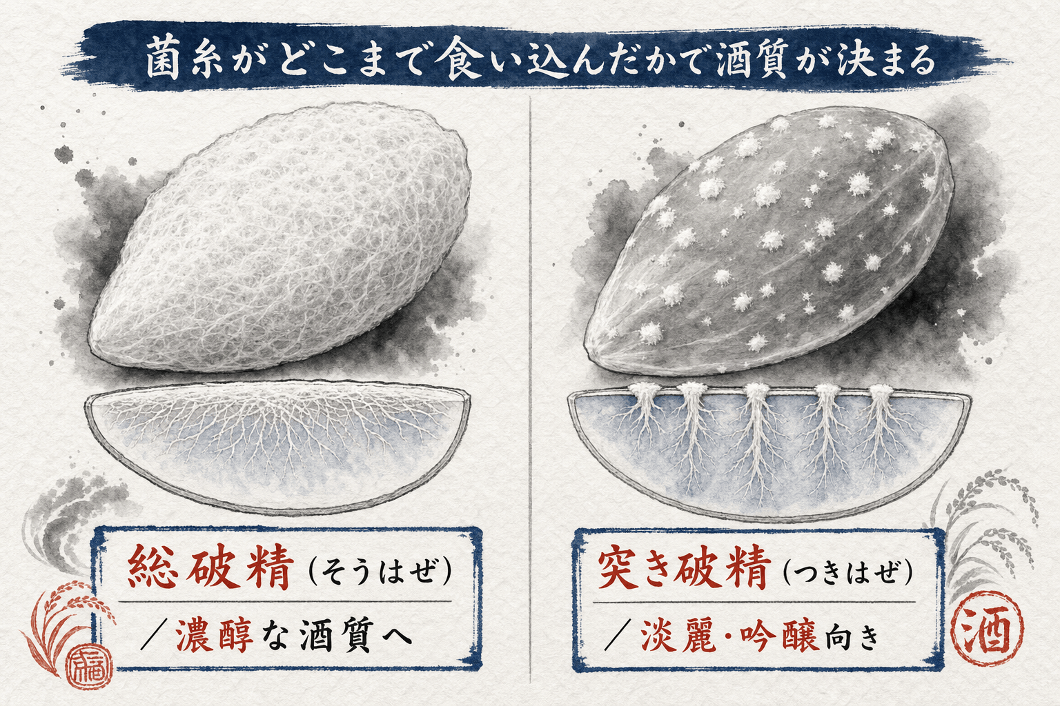 麹の破精込みの違い（総破精と突き破精）