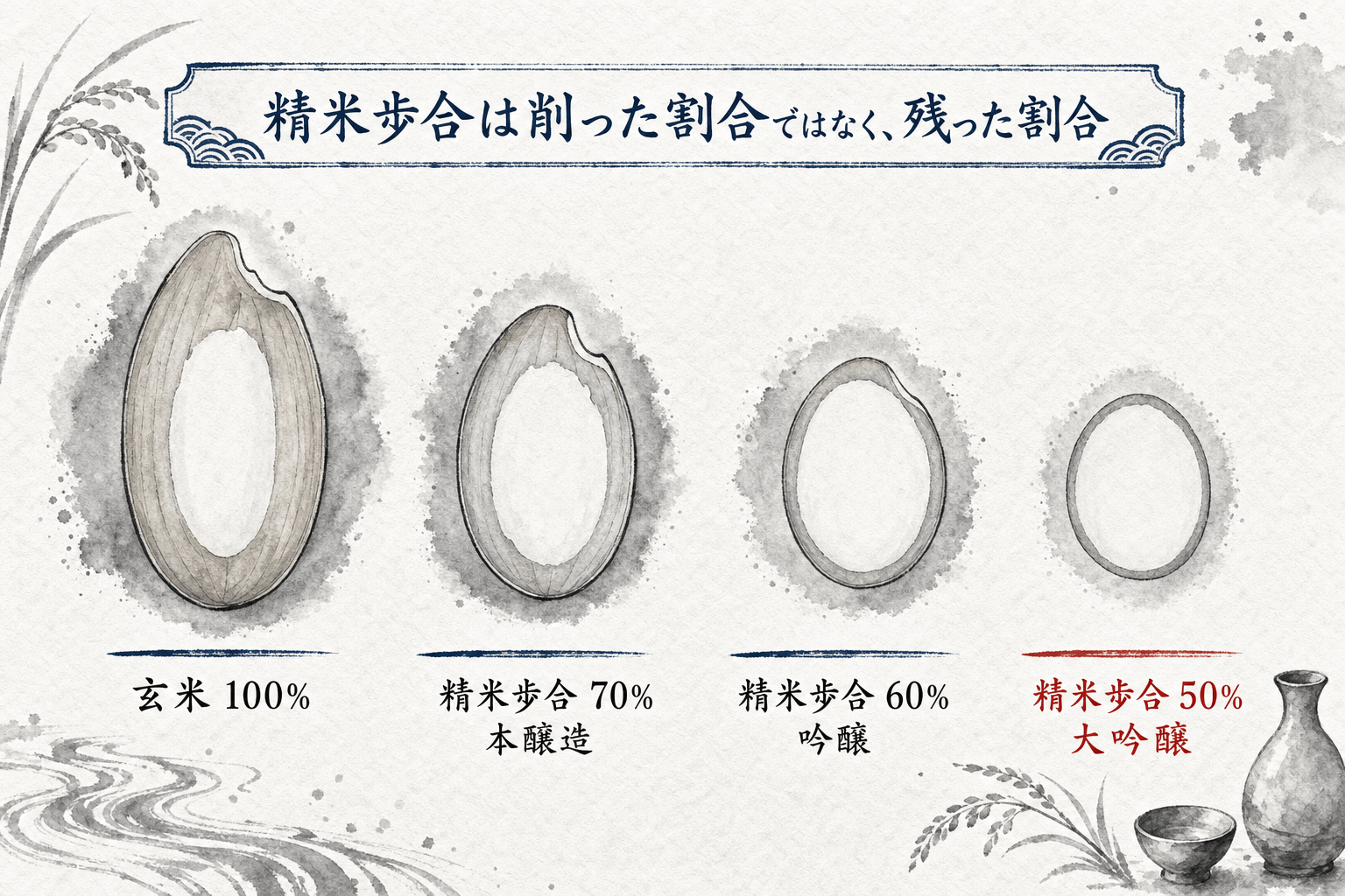 精米歩合による米粒の削られ方の比較