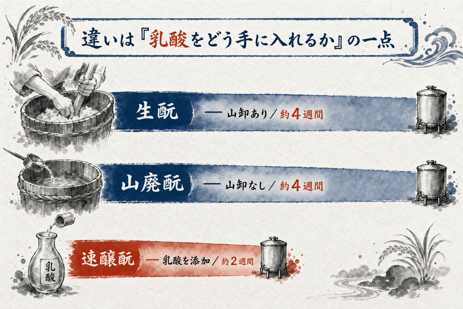 生酛・山廃酛・速醸酛の工程比較
