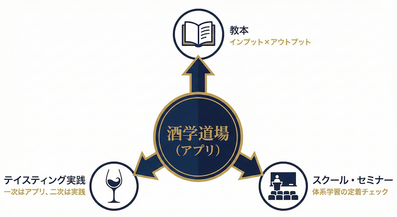 酒学道場（アプリ）と教本・スクール・テイスティング実践の組み合わせ学習法の図解