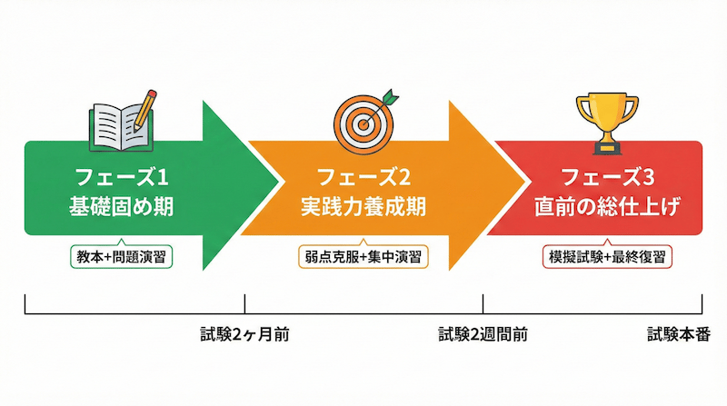 酒ディプロマ合格までの学習ロードマップ：基礎固め期→実践力養成期→直前の総仕上げの3フェーズのタイムライン図