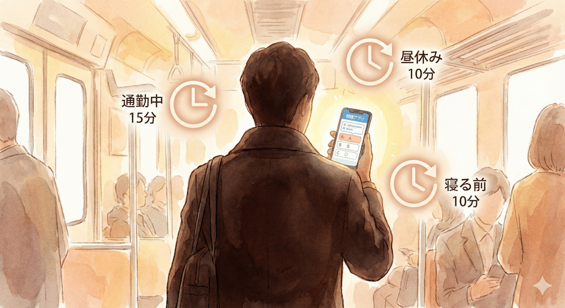 通勤中・昼休み・寝る前のスキマ時間でスマホアプリを使って酒ディプロマの学習をするイメージ図