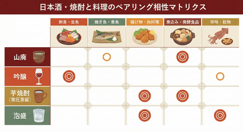 日本酒・焼酎と料理のペアリング相性マトリクス：酒質タイプごとの味わいの特徴と相性の良い料理を視覚的に整理した図