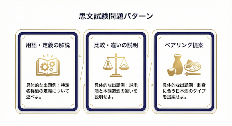 論述試験の出題パターン3類型：「用語・定義の解説」「比較・違いの説明」「ペアリング提案」を横並びで比較した図解