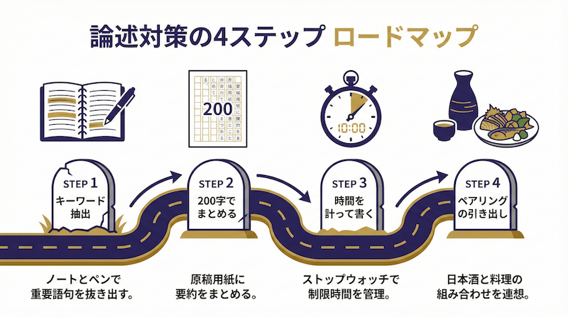 論述対策の4ステップ学習ロードマップ：キーワード抽出→200字でまとめる→時間を計って書く→ペアリングの引き出しを増やす