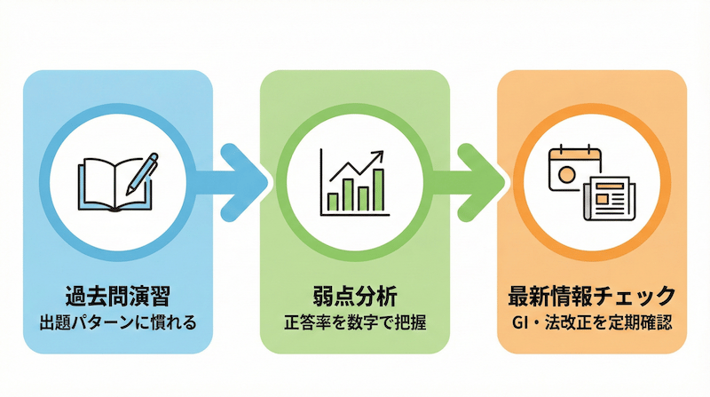 酒ディプロマ合格に向けた3つの戦略ステップ図：STEP1 過去問演習で出題パターンに慣れる → STEP2 弱点分析で正答率を数字で把握 → STEP3 最新情報チェックでGI・法改正を定期確認