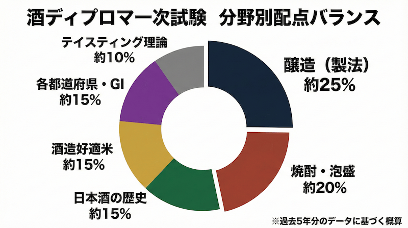 酒ディプロマ一次試験の分野別配点バランスを示すドーナツチャート：醸造（製法）約25%、焼酎・泡盛約20%、日本酒の歴史約15%、酒造好適米約15%、各都道府県・GI約15%、テイスティング理論約10%