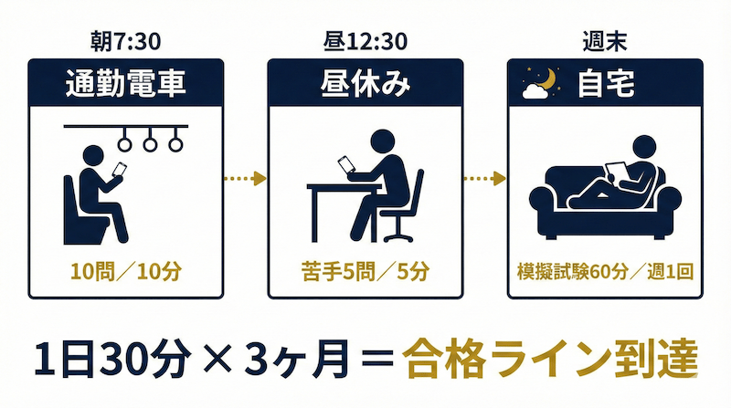 1日のスキマ時間学習スケジュール：朝の通勤10問、昼休み5問、週末に模擬試験