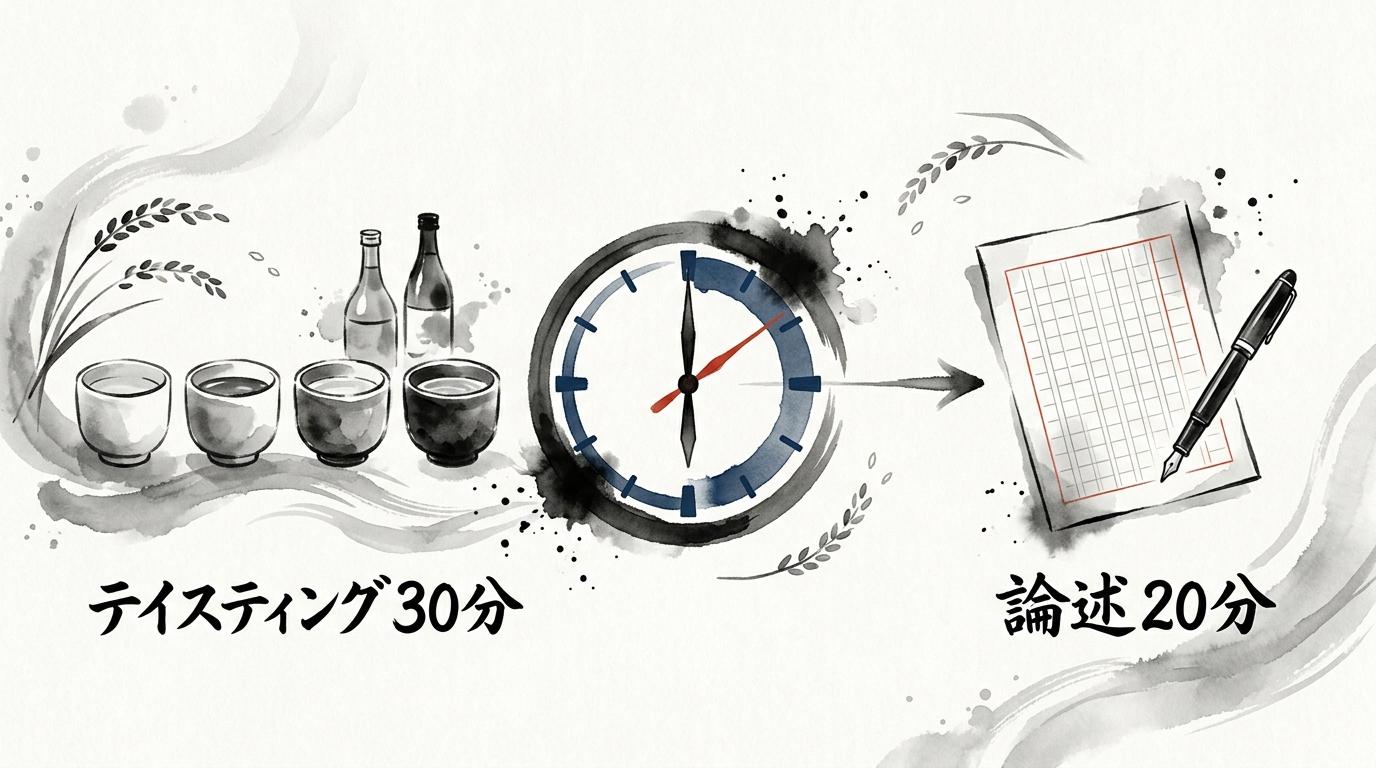SAKE DIPLOMA二次試験の全体像：テイスティング30分（日本酒4種・焼酎2種）と論述20分の構成を時間軸で示したインフォグラフィック