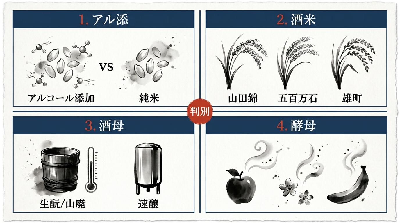 日本酒テイスティングの4つの判別軸：アルコール添加・酒米・酒母・酵母の4象限マトリクスと、それぞれの判別のポイントを墨水彩で図解