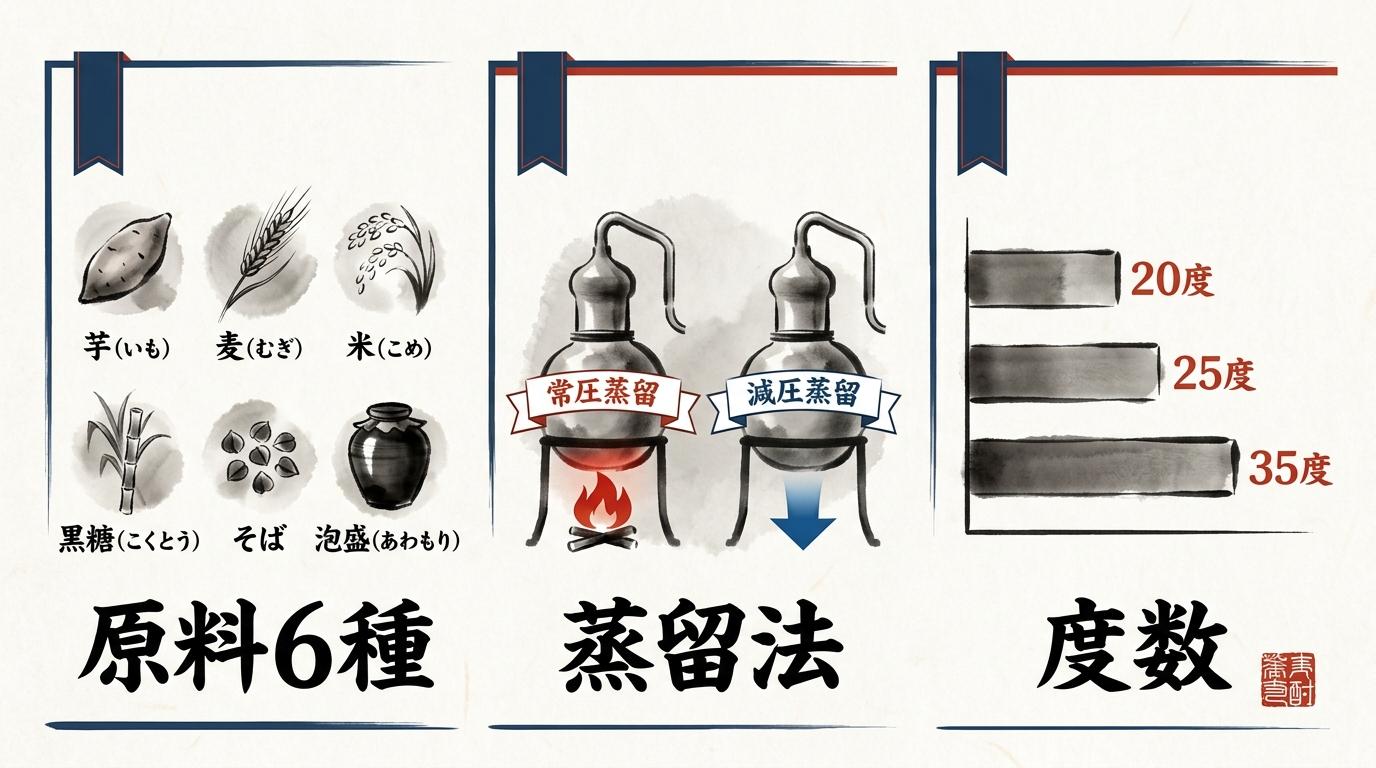 焼酎2種を見極める3軸：原料6種（芋・麦・米・黒糖・そば・泡盛）、蒸留方式（常圧・減圧）、アルコール度数の判別ポイントを墨水彩で図解した比較図