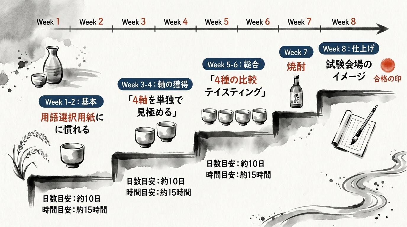 二次試験テイスティングの学習ロードマップ（8週間）：Week1-2は用語選択用紙に慣れる基礎期、Week3-4は4軸の個別訓練、Week5-6は4種比較、Week7は焼酎、Week8は本番仕上げという段階的な積み上げを墨水彩で表現