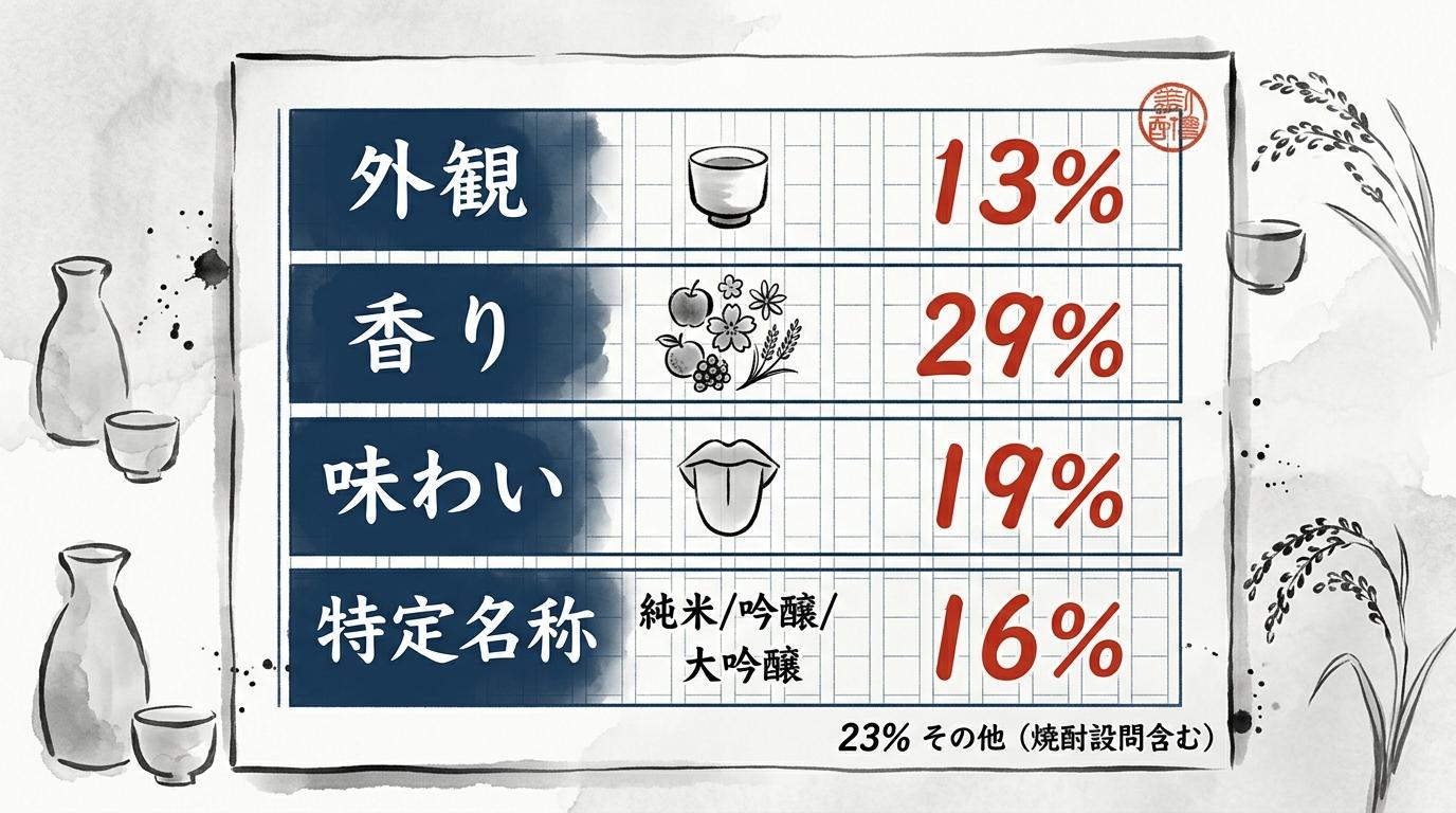 テイスティング用語選択用紙の比重イメージ：外観・香り・味わい・特定名称・その他の5ブロックに分かれ、香り領域の比重が突出している様子を墨水彩で図解